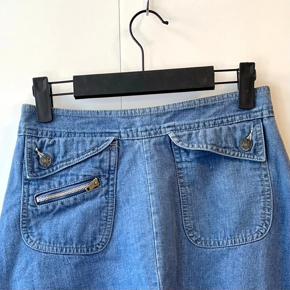 Vintage 70s A-Line Denim Midi Skirt Utility Pockets, Adjustable Waist 26-27” (S) - Picture 9 of 10